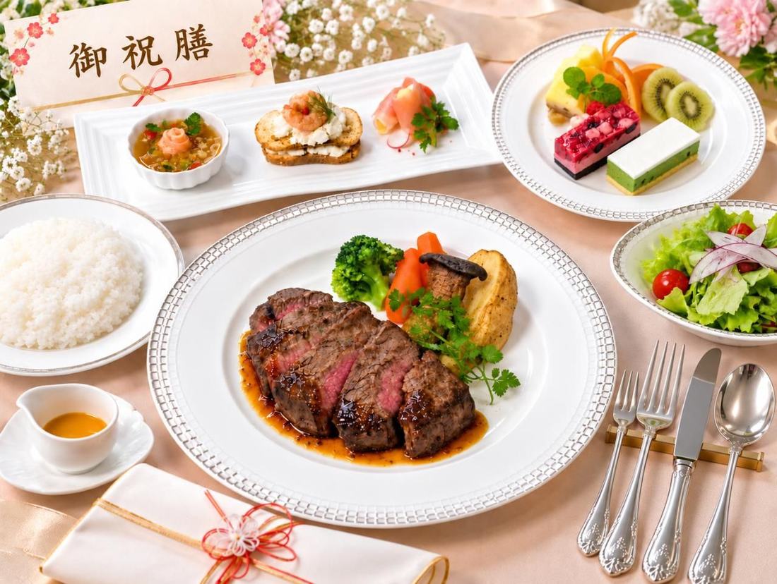 お祝い膳。ステーキ、前菜三種、デザート、サラダ